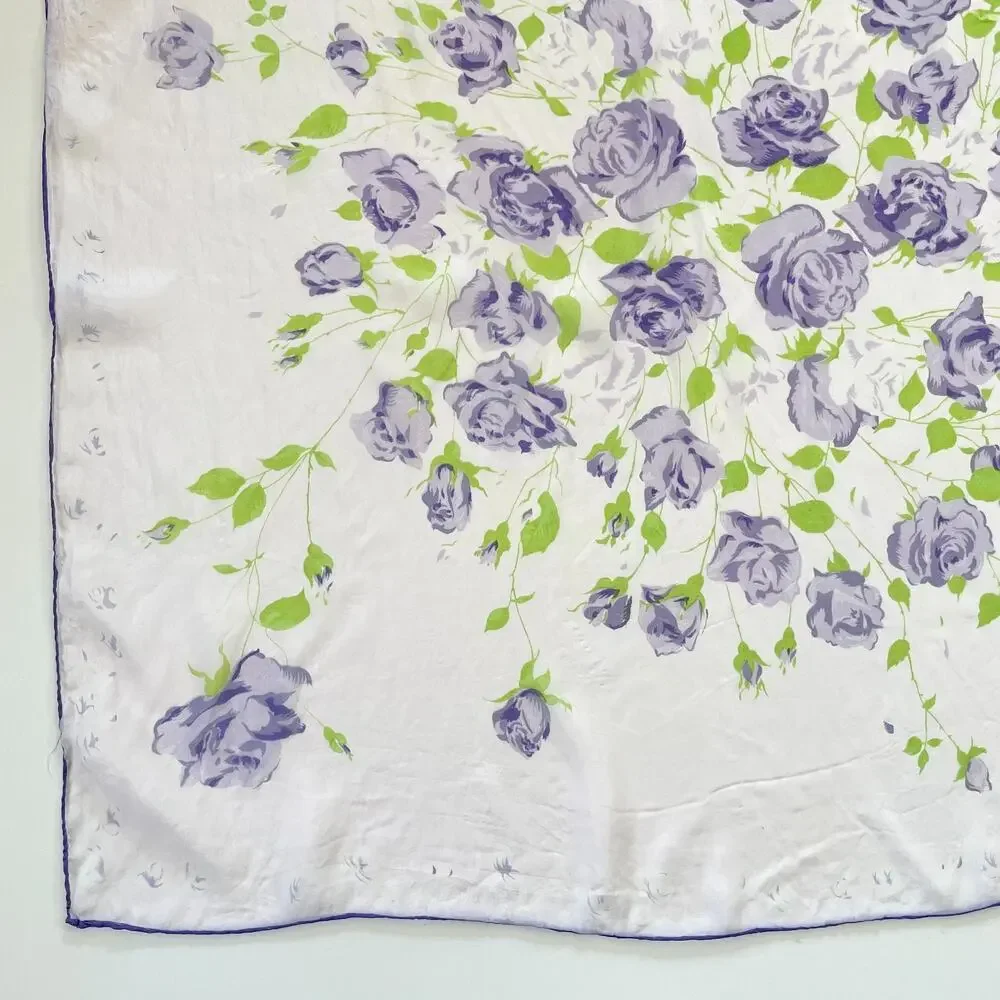 Vintage Silk Scarf Floral White Purple Romantic Feminine Parisian Euro Summer